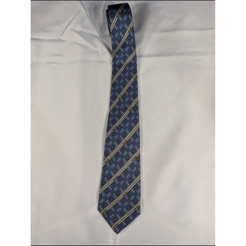 Vintage Gucci Silk Tie | Blue Medallion Print | Horsebit Stripe